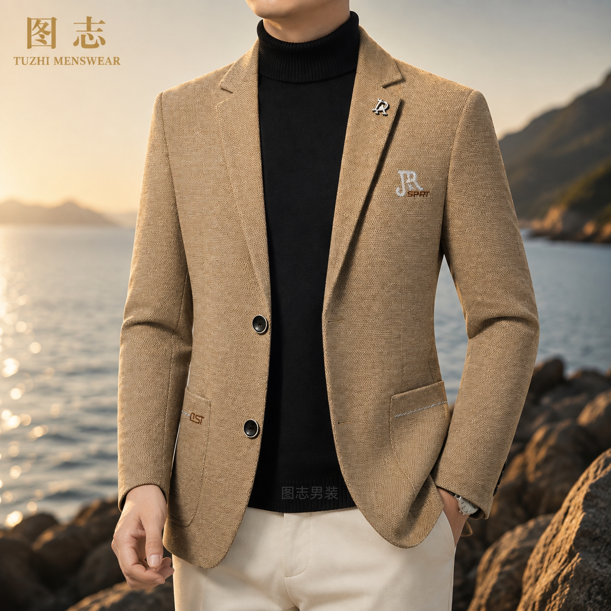 中年男士商务休闲西服修身单排扣羊毛西装外套中老年夹克40岁50