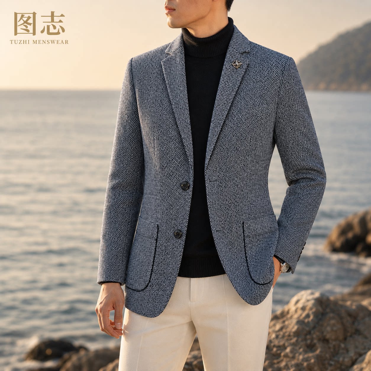 男士灰色毛呢休闲西装外套