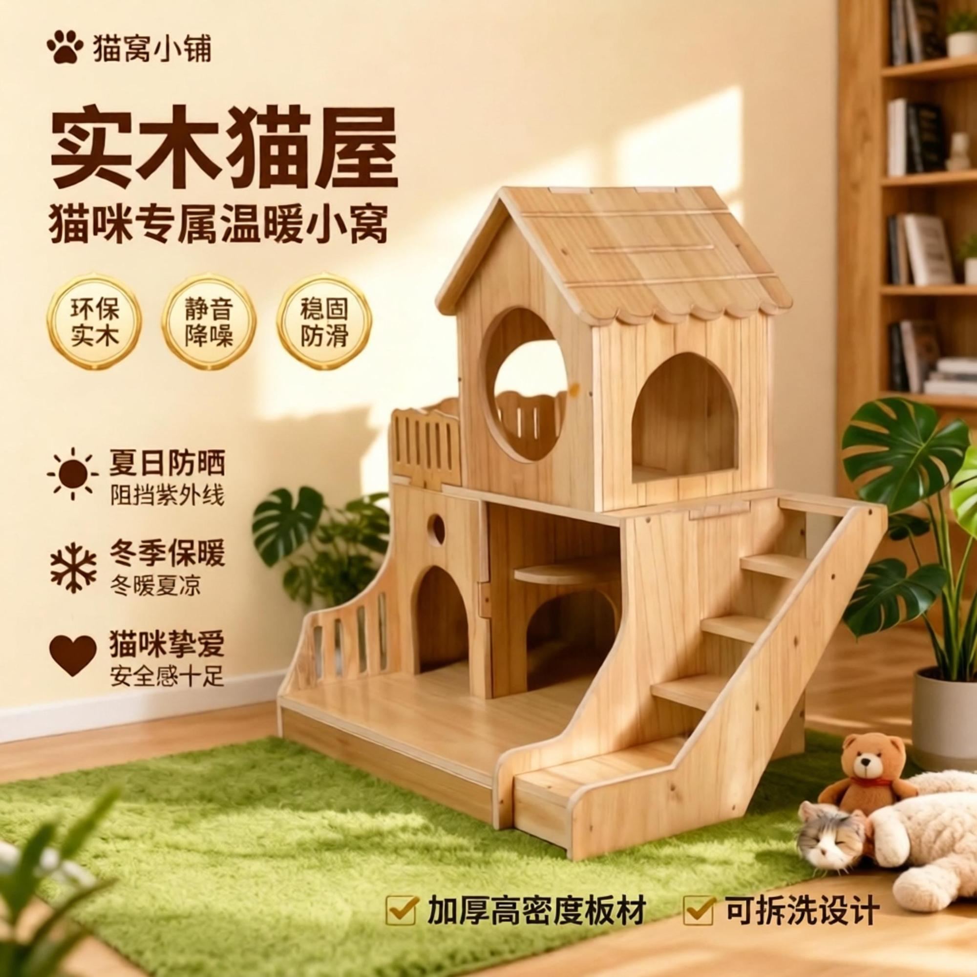 实木室内超大空间猫别墅防潮耐用图片