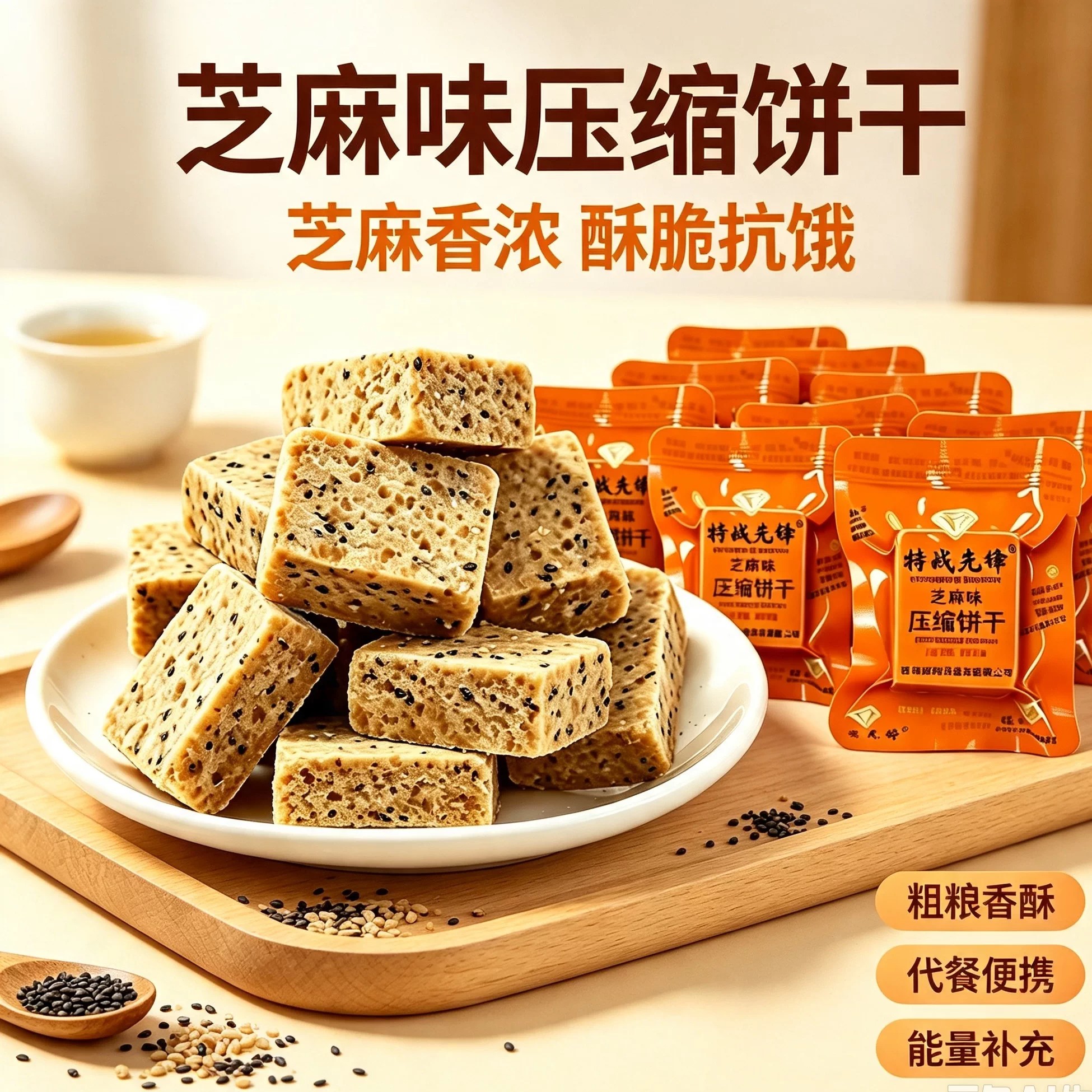 芝麻压缩饼干代餐饱腹家庭应急粗粮储备干粮户外学生充饥扛饿批发