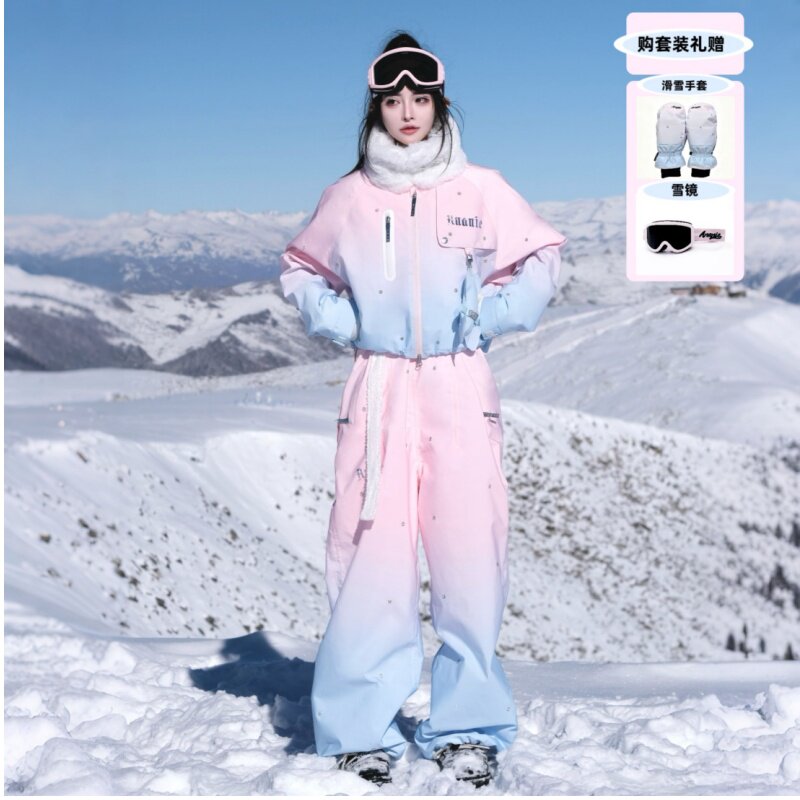 ANANIE【樱花海星钻】钉钻背带裤滑雪服3L全压胶防水加绒女单双板