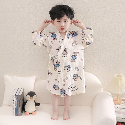 婴儿浴巾纱布春秋男童洗澡浴袍男宝纯棉睡衣男孩春V季卡通儿童睡