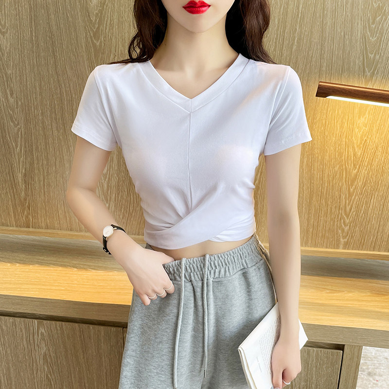 白色短款t恤女2021年夏季新款纯棉V领修身高腰性感露脐小个子上衣