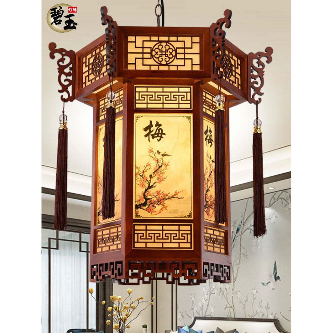 中式彷古实木羊皮宫廷吊灯覆古建筑酒店寺庙长廊亭子六角灯笼宫灯