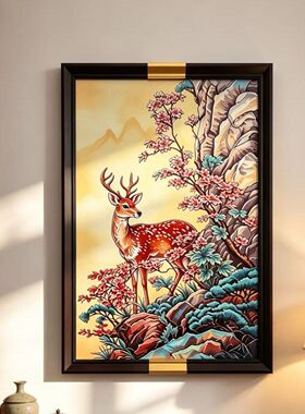 S2381新中式客厅书房餐厅玄关会客室挂画山林福鹿4565