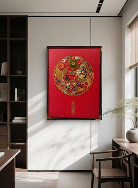 S6066国潮红金锦鲤纹氛围营造餐厅走廊墙面装饰挂画6383