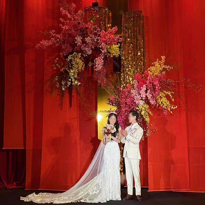 半透纱个性婚礼红色纱舞台背景布道具雪纺纱打印红橙黄渐变色纱幔