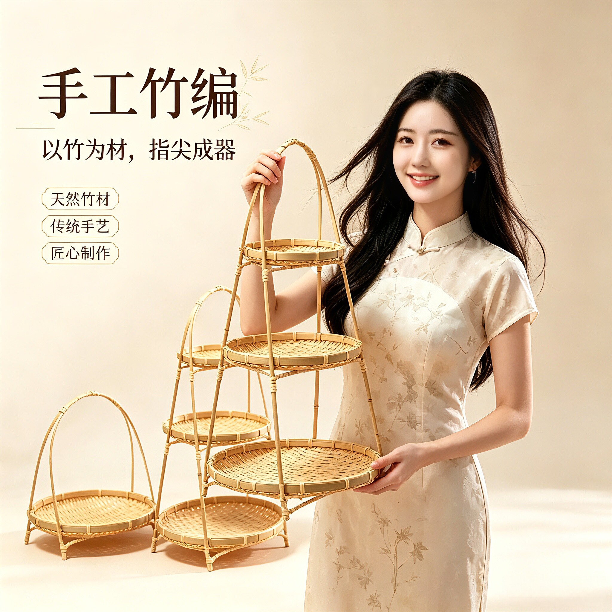 手工竹编提篮竹筐家用茶点盘水果篮糕点托盘创意小竹篮结婚竹编篮