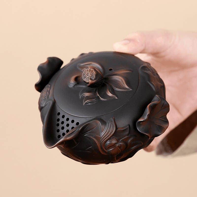 紫陶茶壶单个家用手抓壶泡茶专用手工浮雕建水紫砂壶功夫茶具套组