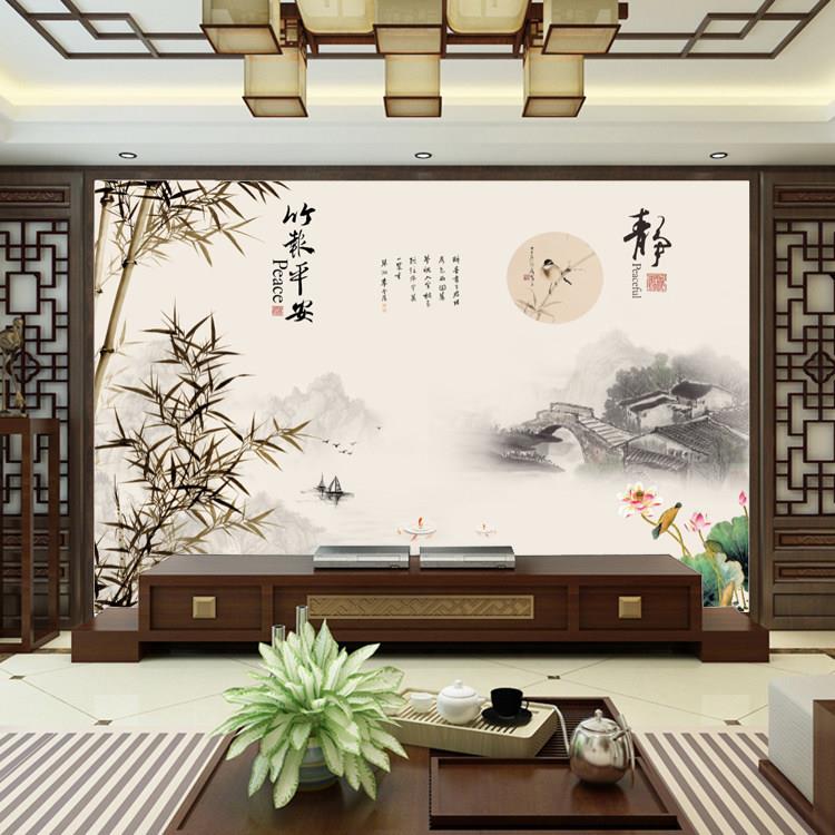 2026新中式山水壁画客厅竹报平安电视背景墙纸壁布影视墙布壁纸8D