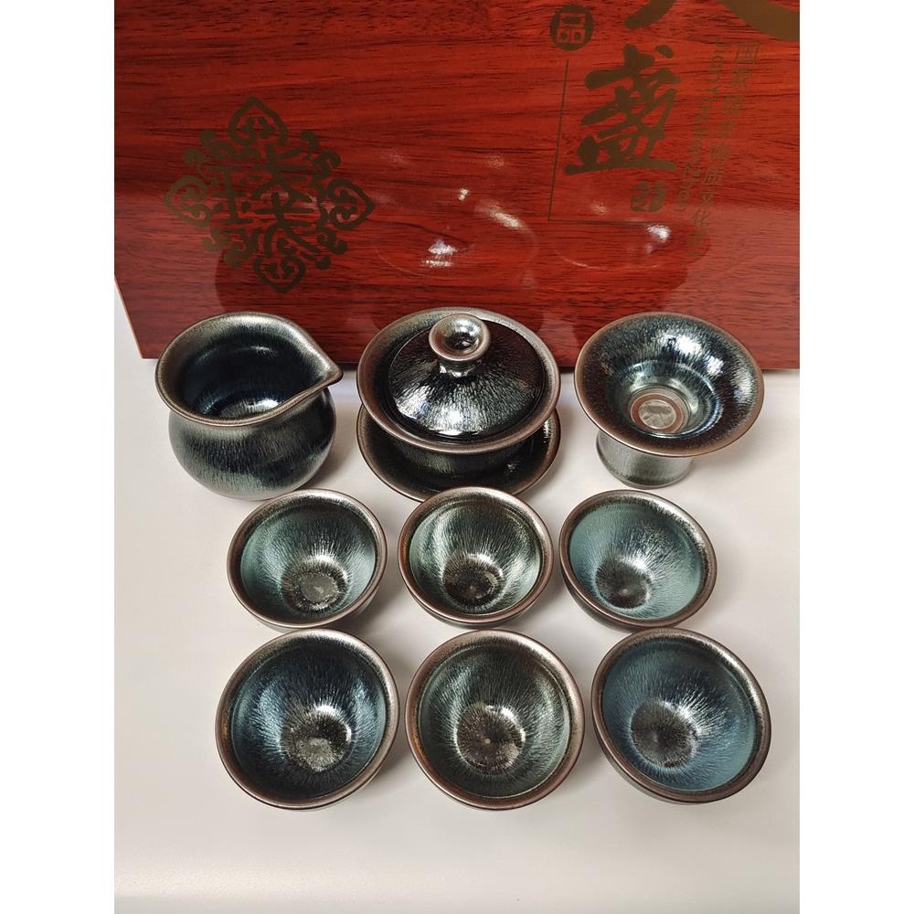 建盏茶具套装家用整套功夫茶具盖碗高档原矿釉银毫铁胎建阳盏茶杯