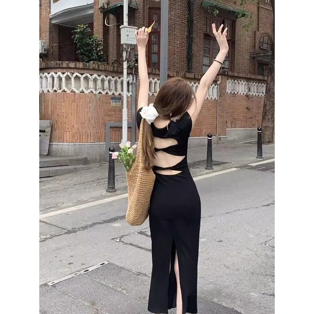 法式高级感黑色夏季高腰