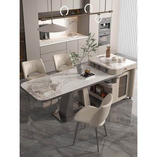 岛台餐桌一体小户型家用现代简约多功能移动茶桌可伸缩岩板餐桌椅