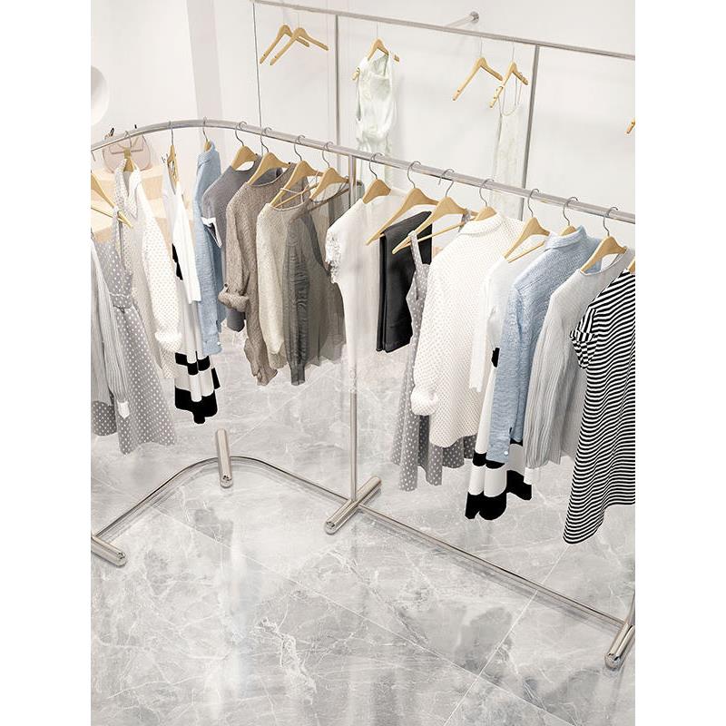 服装店L型展示架男女装店弧形不锈钢货架落地式中岛架挂衣杆陈列图片