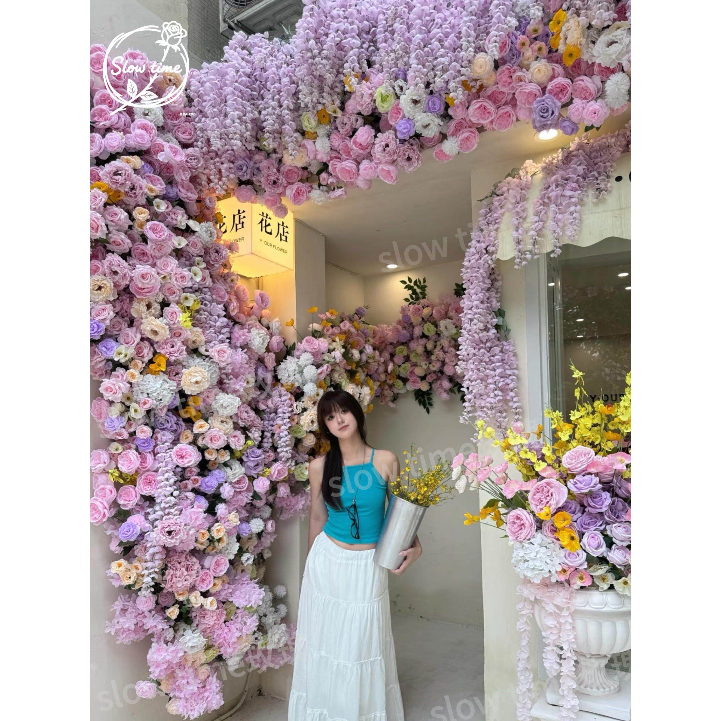 莫奈花园彷真花造景网红打卡假花背景墙粉色玫瑰花艺商场引流布置