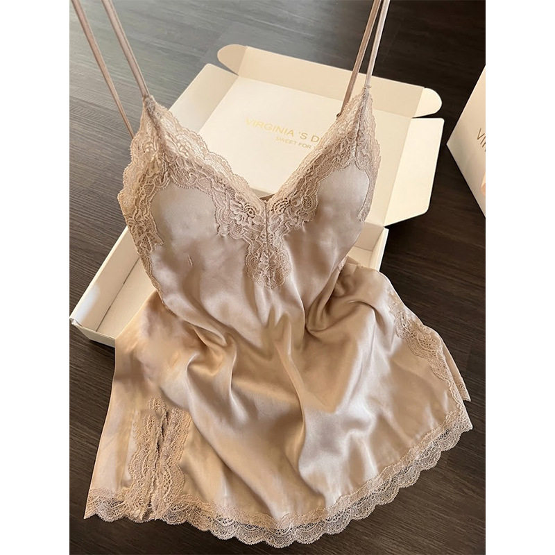 纯欲风性感蕾丝拼接V领吊带睡裙女夏季大码凉感冰丝家居服连衣裙