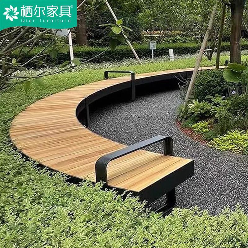 户外简约实木椅不锈钢公园椅休闲长椅成品座椅铁艺坐凳室外园林椅