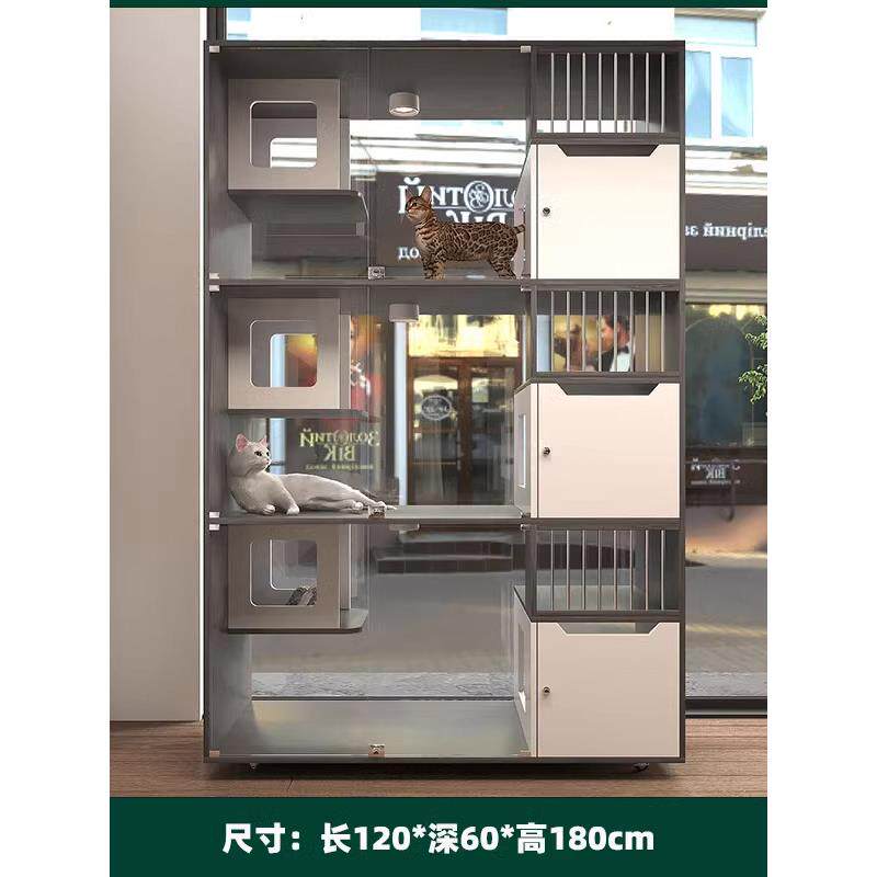 灰猫别墅实木猫笼玻璃猫柜宠物猫屋家居展示柜大型寄养笼三层
