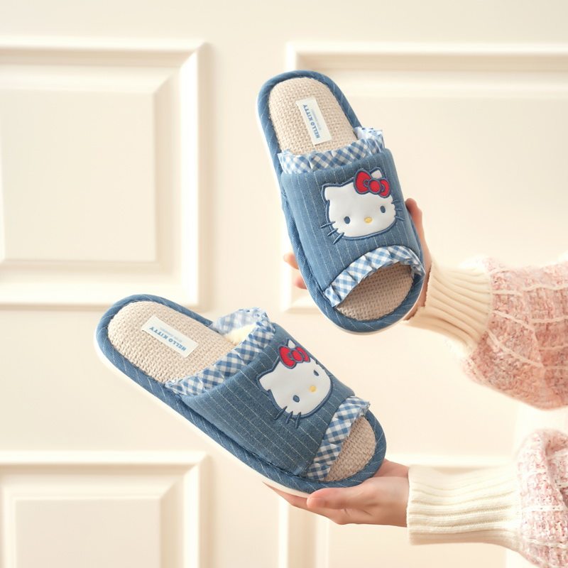 hellokitty正版棉拖鞋居家透气不闷脚女生亚麻拖鞋四季薄款棉拖新