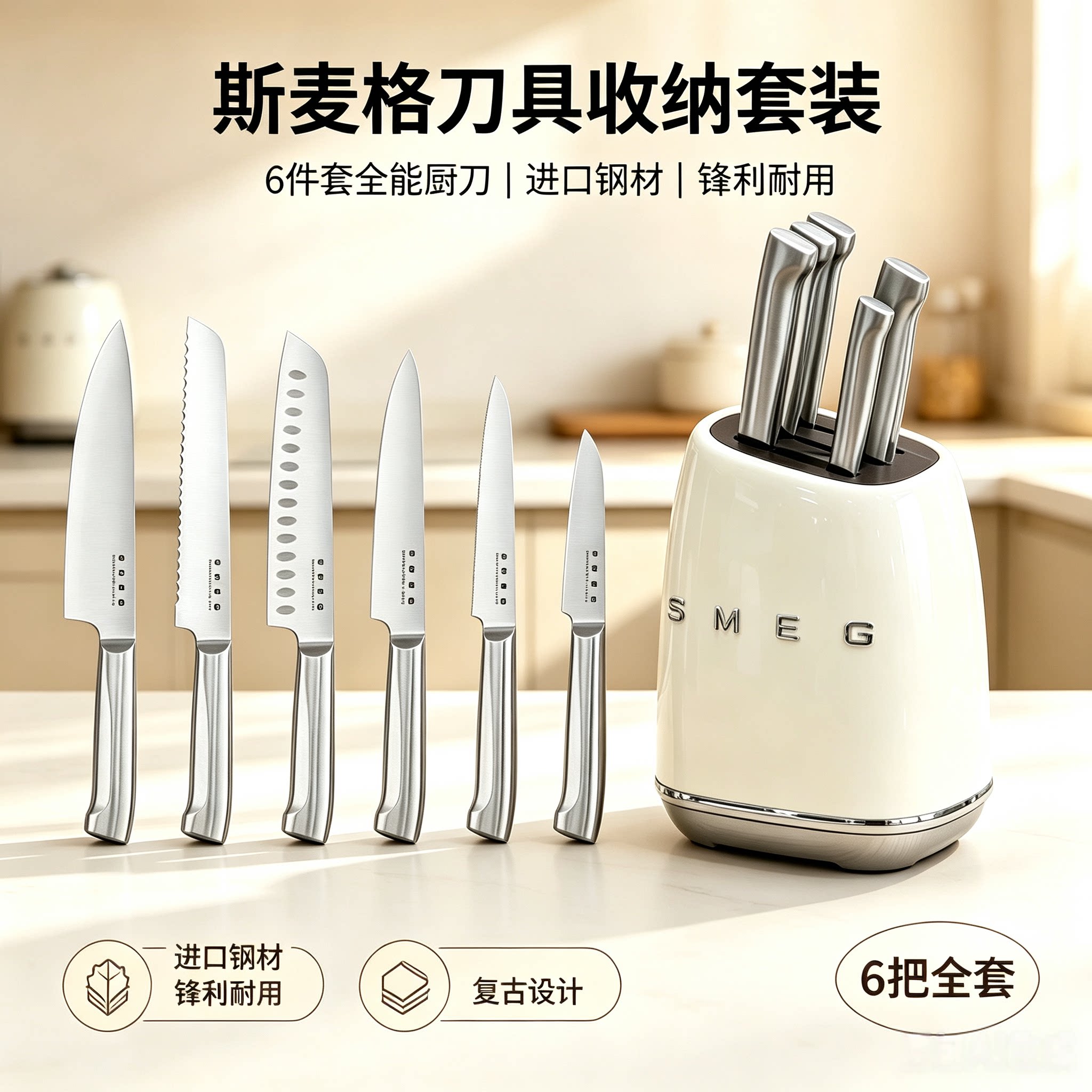 SMEG斯麦格厨房刀架6件套装整洁收纳德国不锈钢复古简约餐具刀具