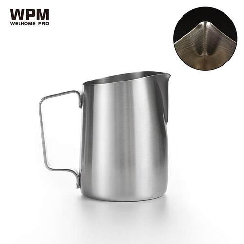 WPM惠家拉花缸哑光绿不锈钢咖啡拉花杯无柄斜口尖嘴圆嘴450打奶缸