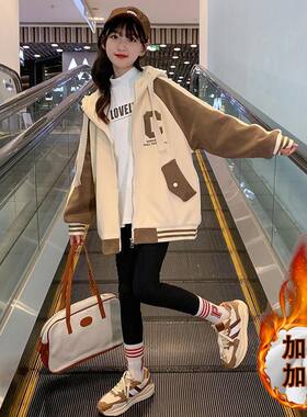 女童加绒外套秋冬装卫衣中大童韩版女孩炸街连帽加厚儿童拉链上衣