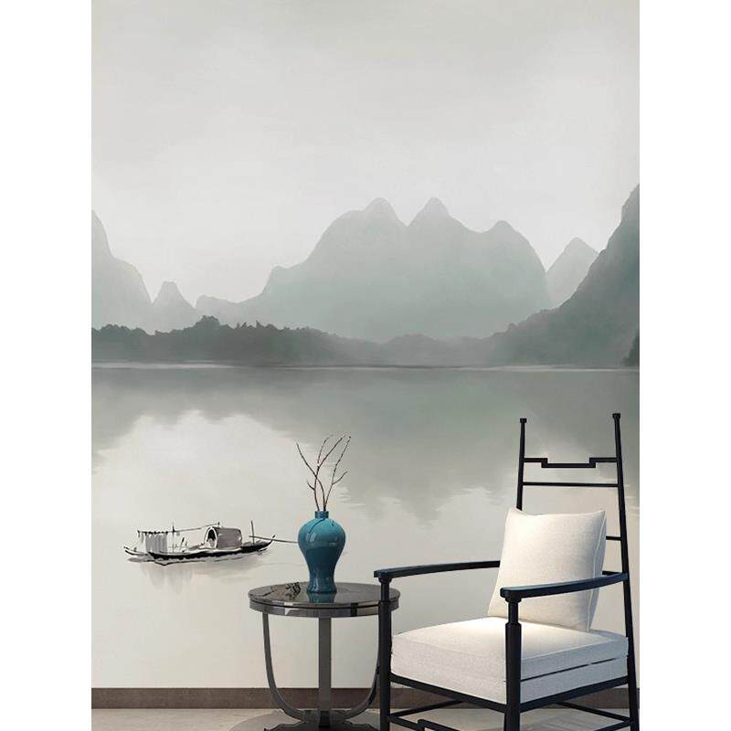 新中式水墨桂林山水壁纸江南风景壁画客厅沙发背景墙茶室自粘壁布