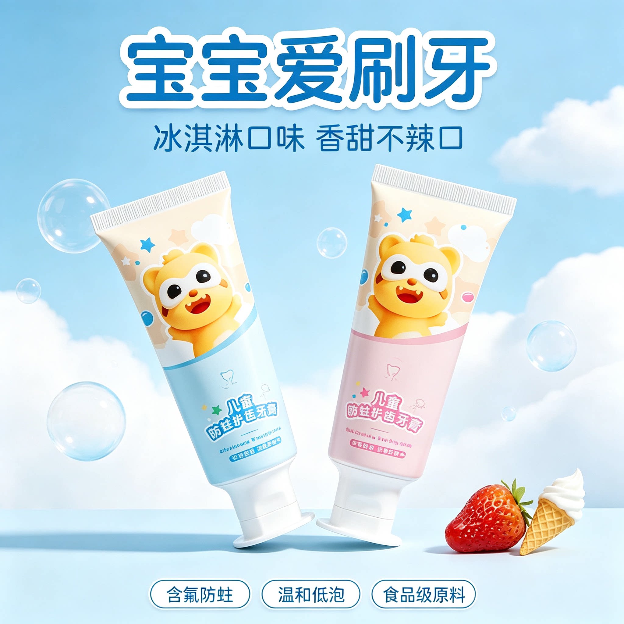 小浣熊儿童牙膏宝宝专用护齿防蛀防蛀冰淇淋口味温和低泡