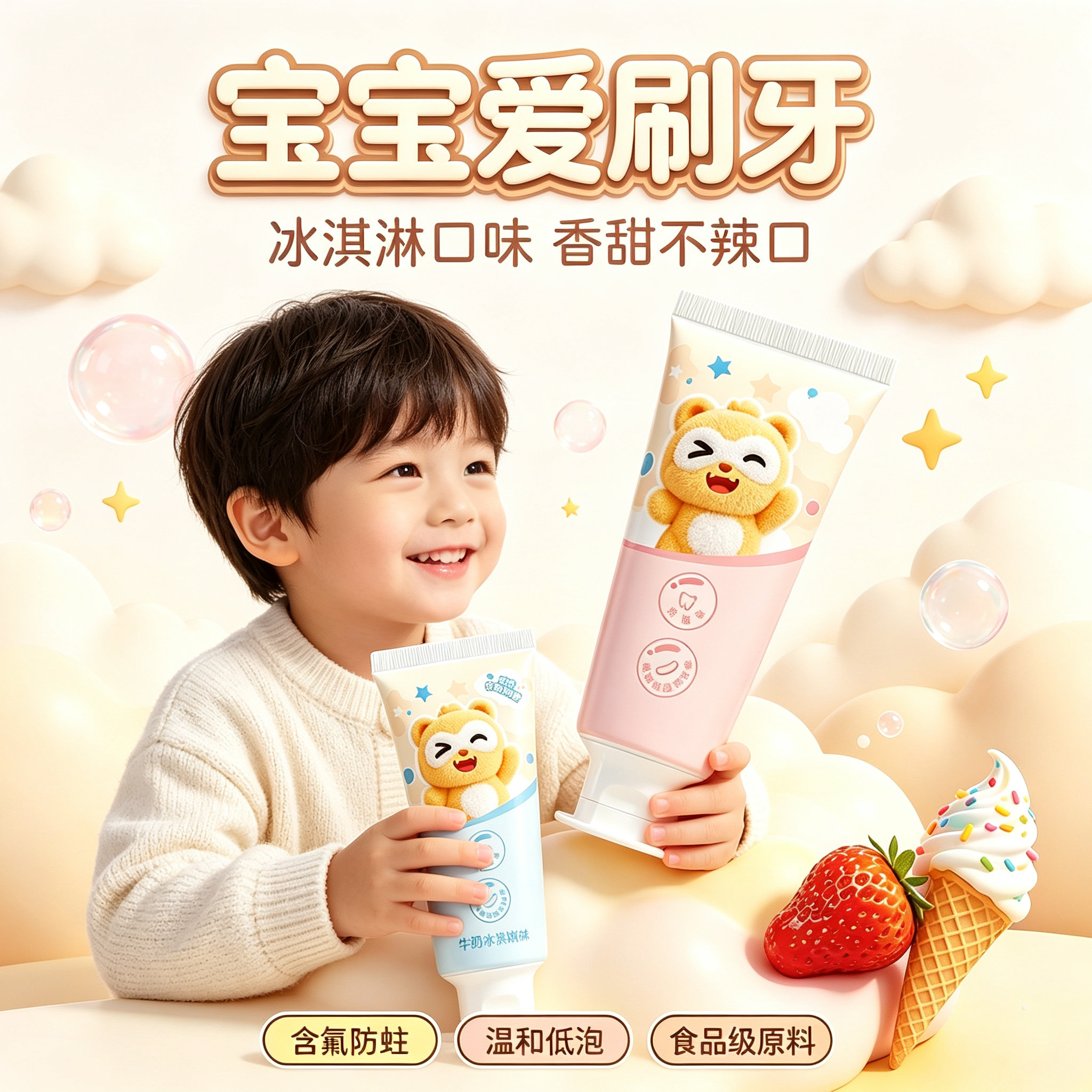 小浣熊儿童牙膏温和低泡防蛀防蛀安全冰淇淋口味食品级卡通可爱风