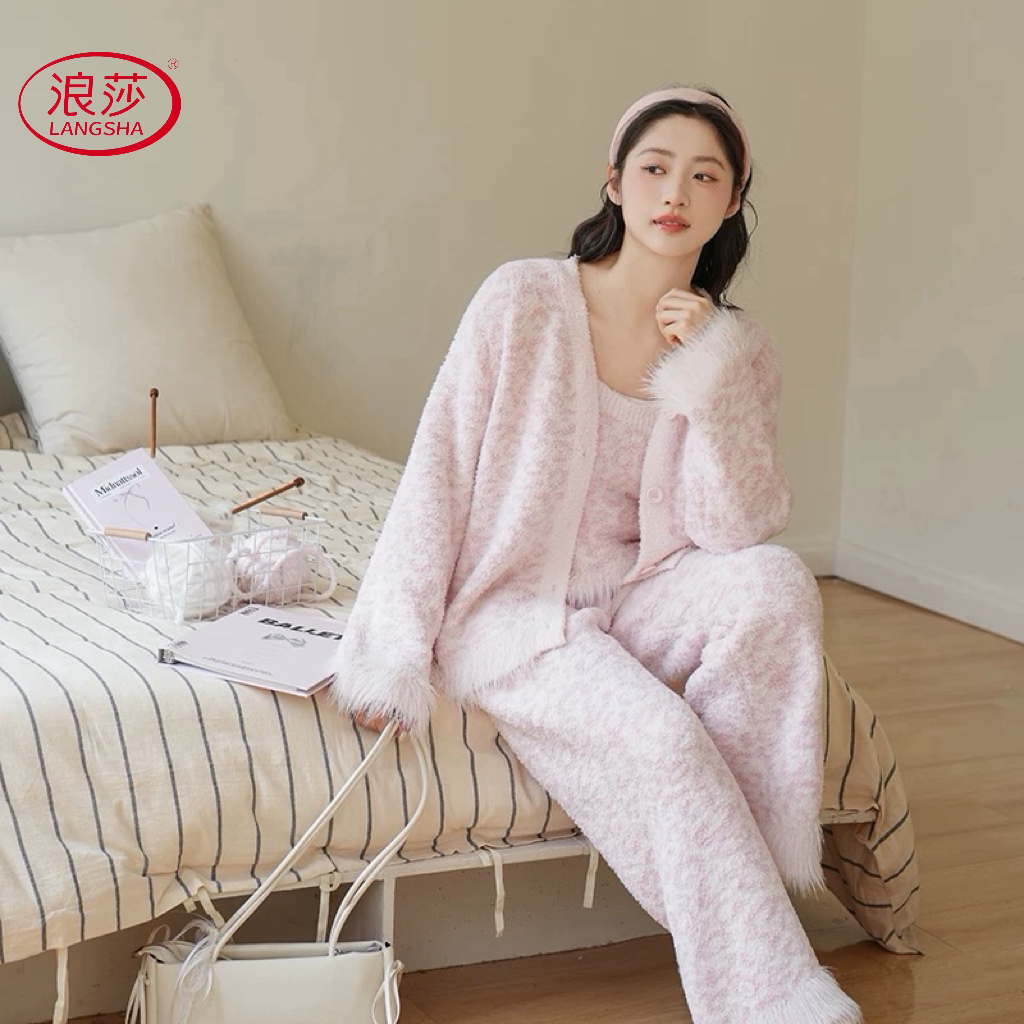 浪莎正品舒适女款显瘦半边绒长袖家居服可外出秋季新品保暖三件套