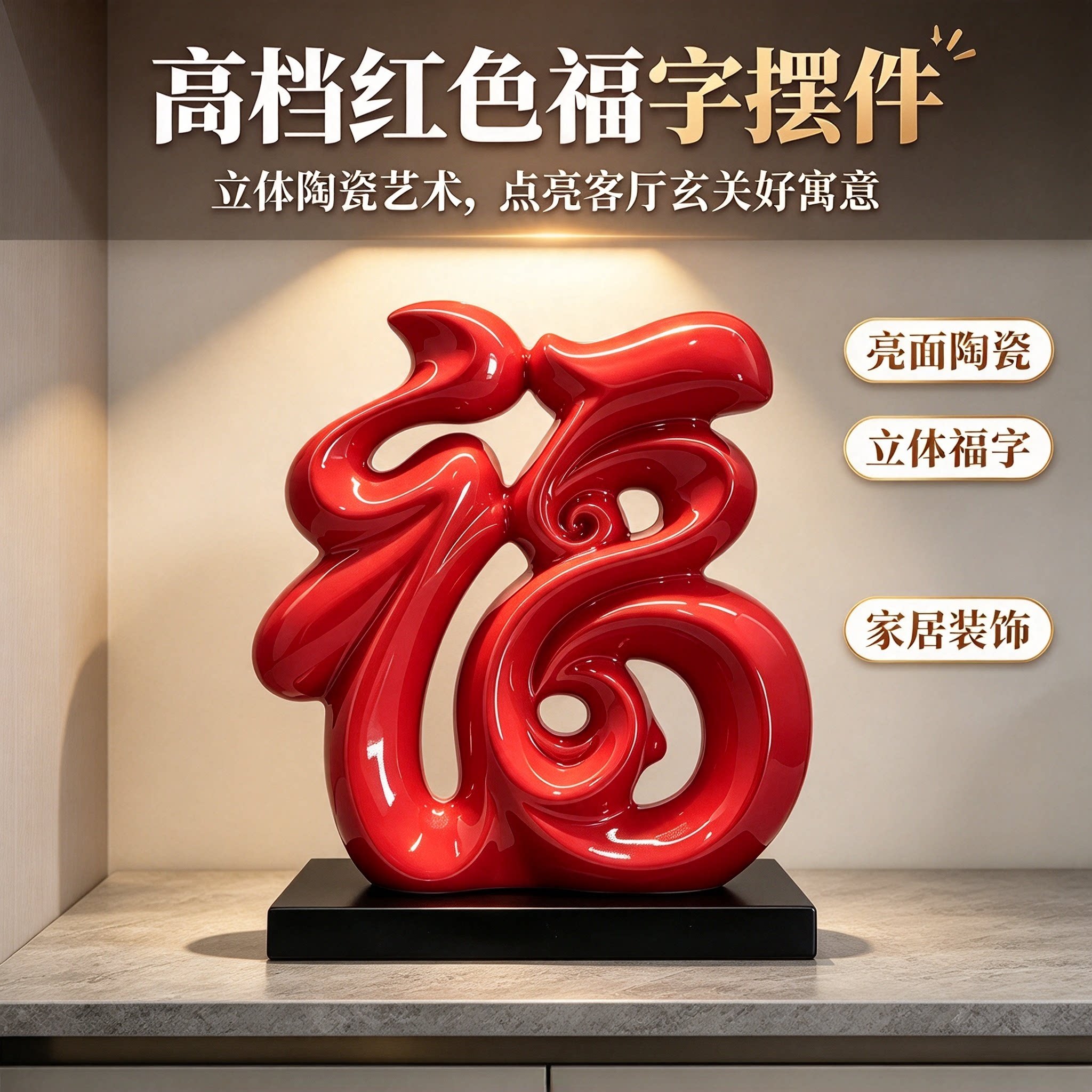 高档红色福字摆件立体高级感家居客厅玄关电视柜酒柜饰品陶瓷器YL