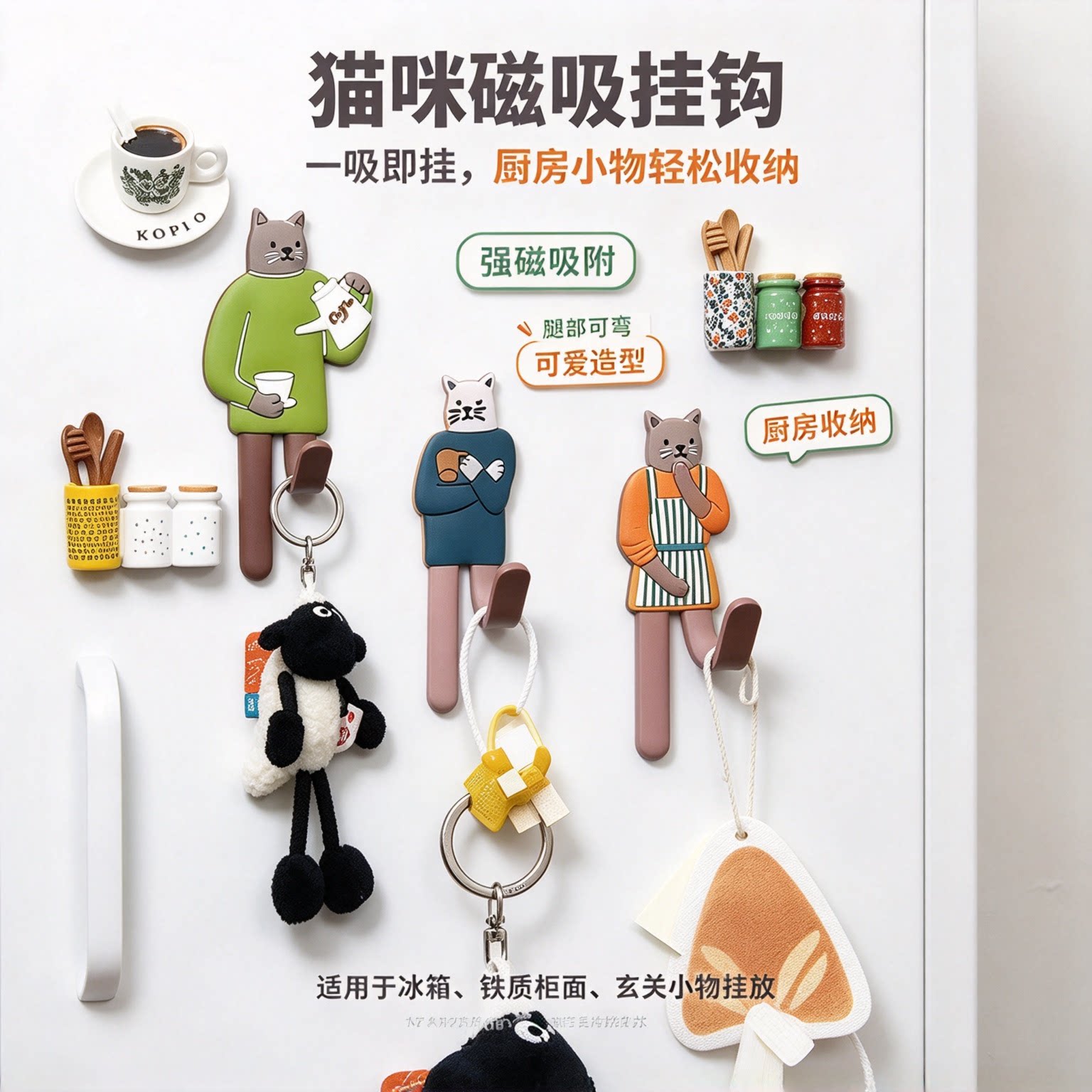 创意可爱收纳创意爱下厨的猫磁性冰箱贴挂钩猫咪收纳挂钩早教贴YL