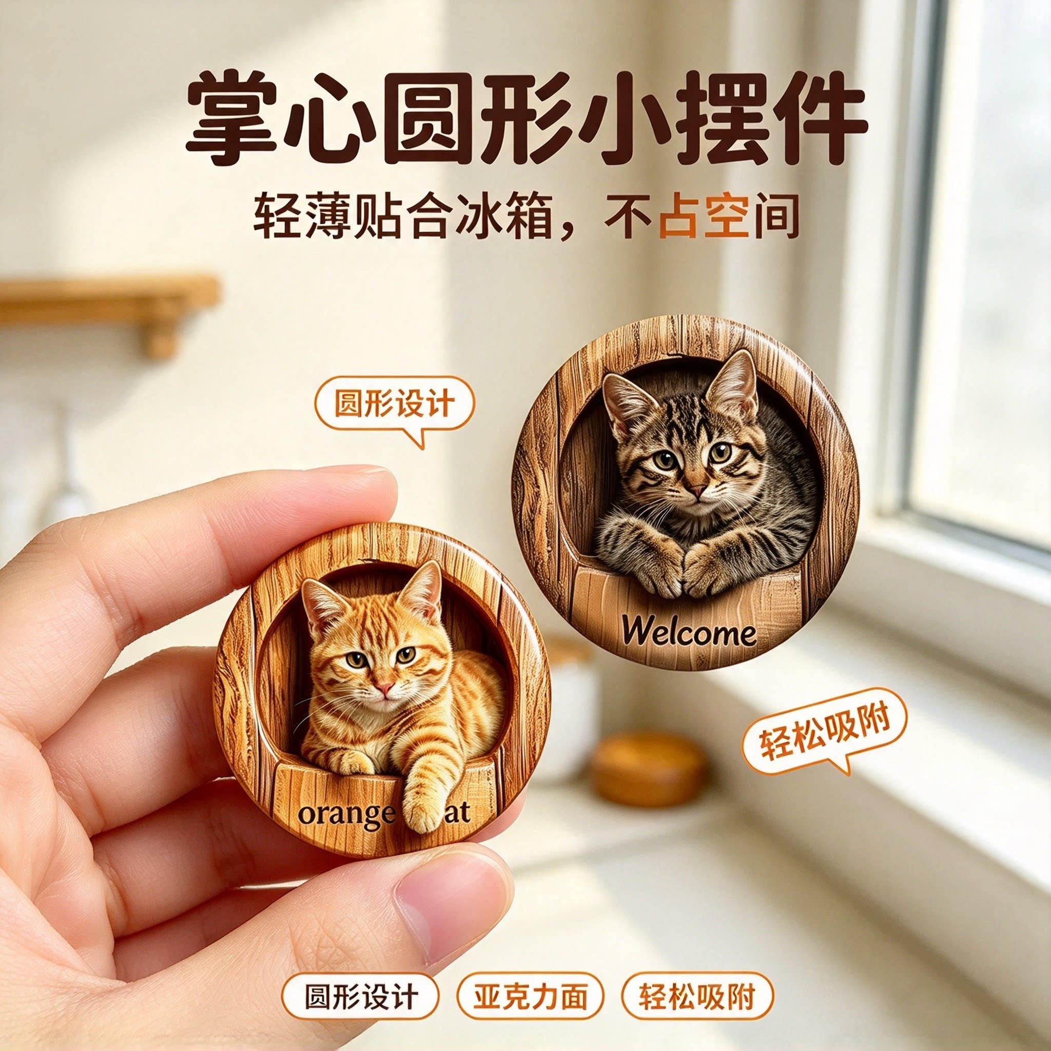 2D亚克力平面冰箱贴磁吸式圆形小猫咪可爱风家庭装饰贴YL