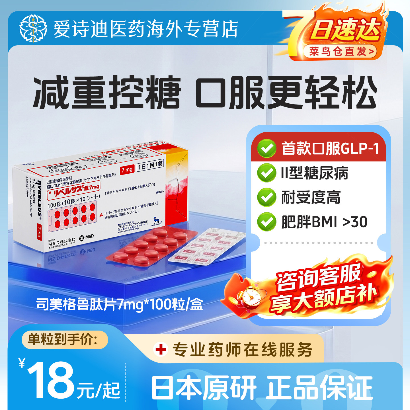 日本进口司美格鲁肽片7mg降血糖药调节糖尿病口服减肥索马鲁肽片