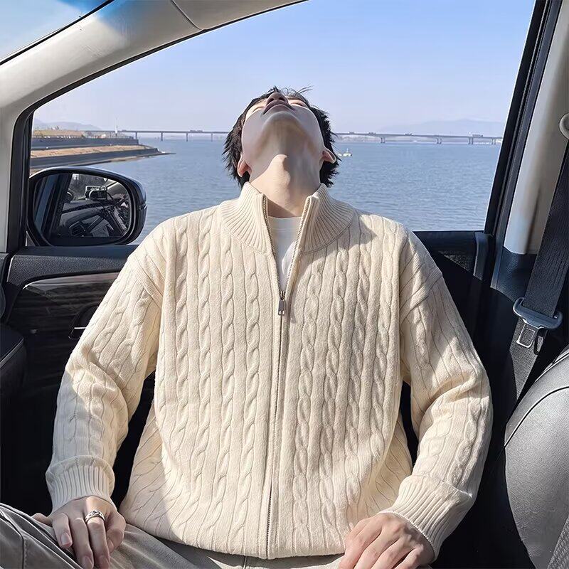 老钱风麻花纹针织毛衣男款秋季新款潮牌休闲拉链开衫立领保暖外套