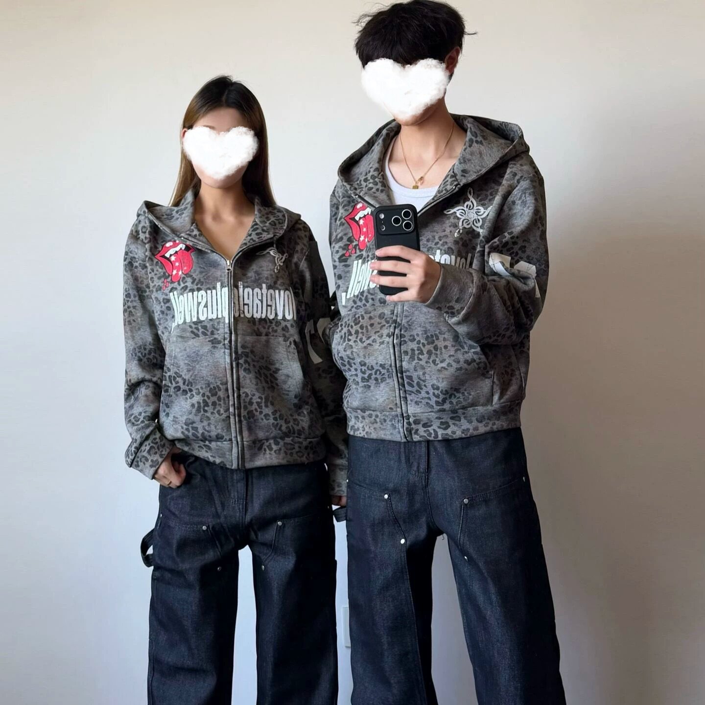 美式街头豹纹滚石连帽开衫卫衣