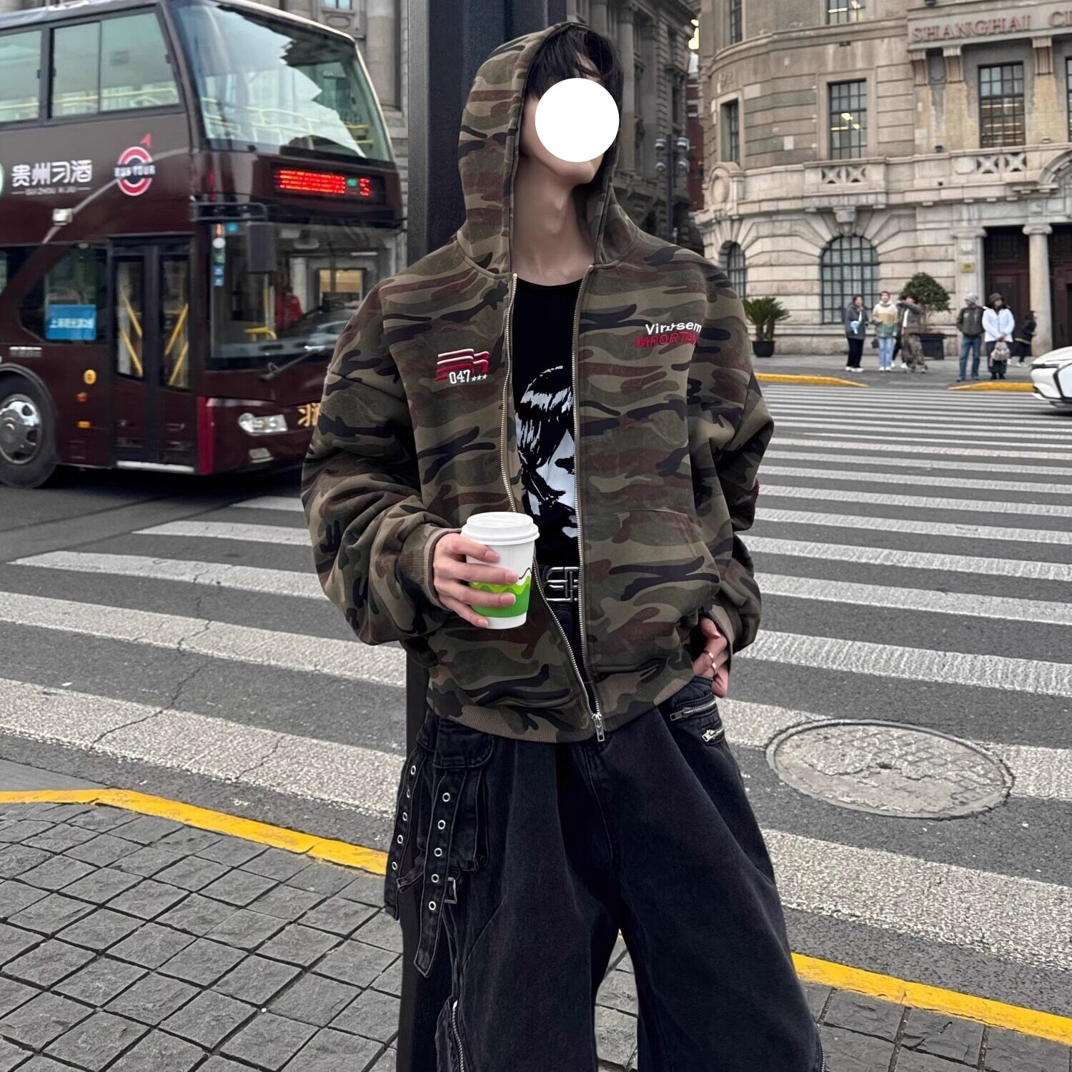美式迷彩连帽拉链卫衣男女同款