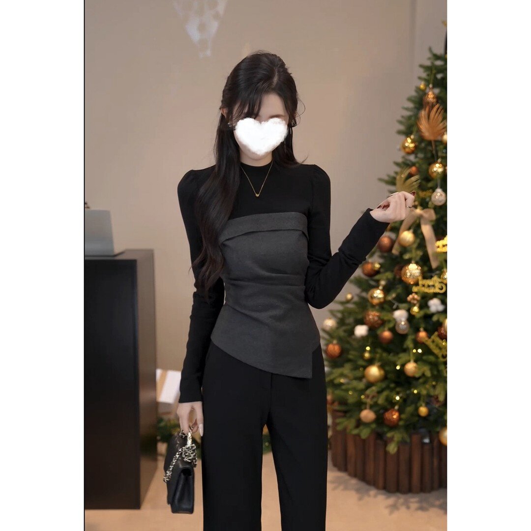 不规则拼接假两件长袖t恤女2026秋季大码胖MM收腰显瘦巨好看上衣