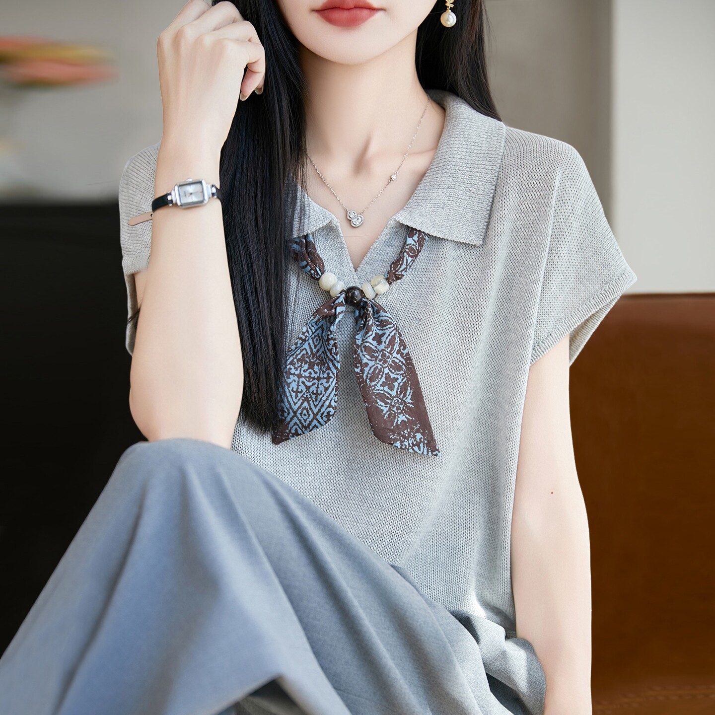 2026新款翻领镂空丝巾针织短袖t恤女夏季薄款冰丝针织衫女装上衣