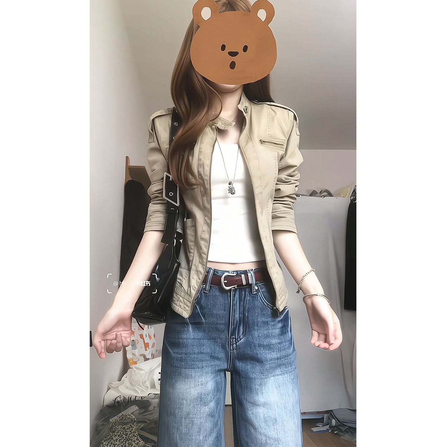 美式复古卡其色外套女秋季休闲百搭正肩立领短款夹克修身显瘦上衣