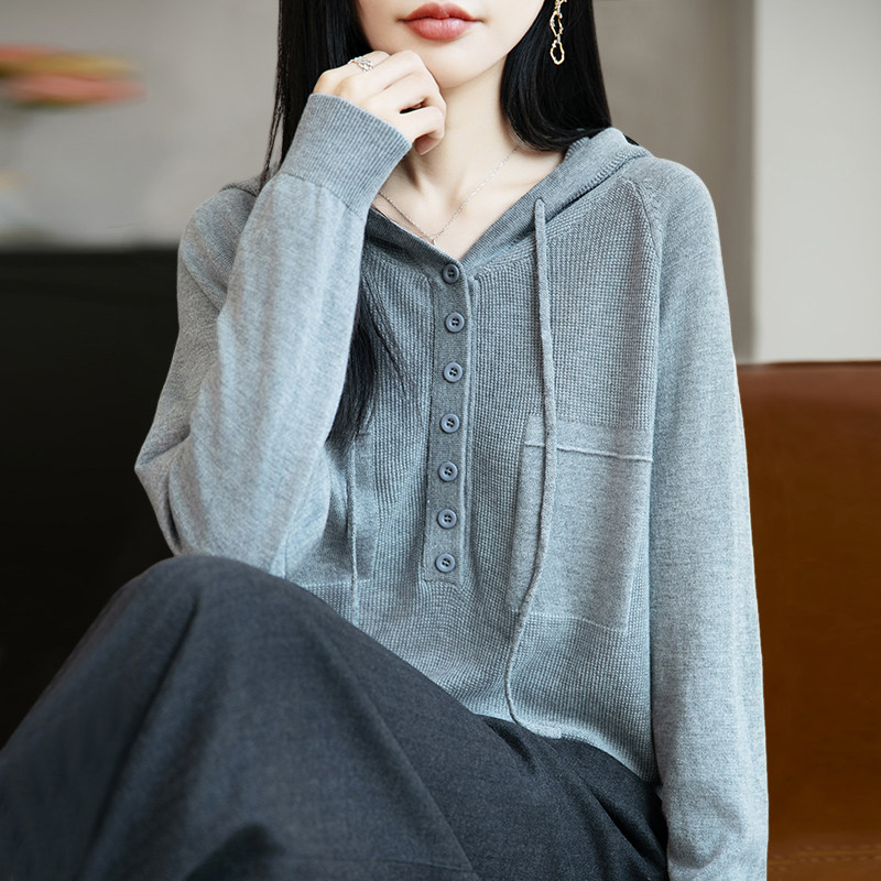 春秋新款连帽套头长袖针织卫衣女韩版宽松休闲短款纯色简约毛衣