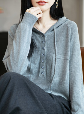 春秋新款连帽套头长袖针织卫衣女韩版宽松休闲短款纯色简约毛衣