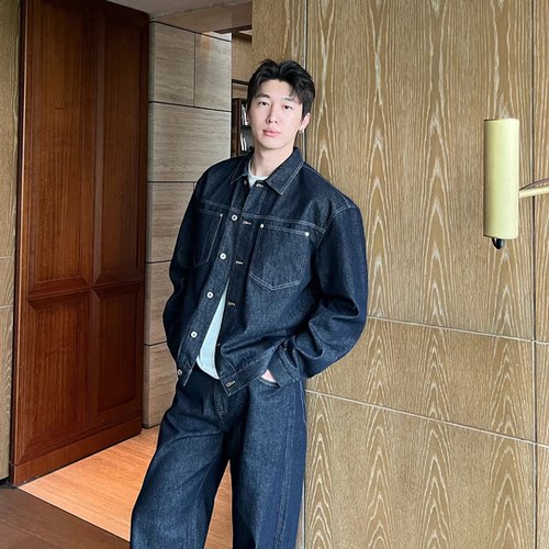 秋季牛仔套装男美式简约长袖外套时尚休闲潮流男裤两件套小众百搭