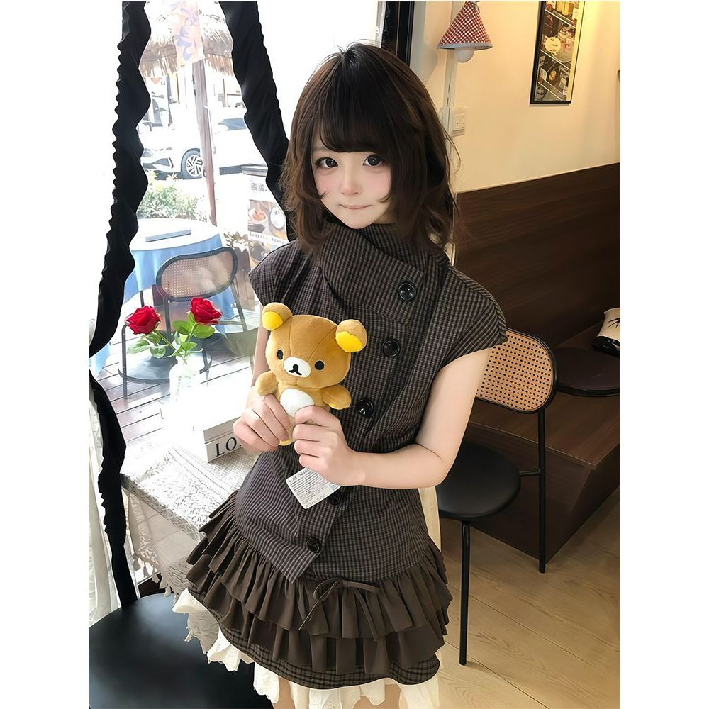 【甜叙少女】复古格纹上衣+短裙萌妹穿搭小众夏日系少女两件套女