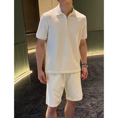 夏季男士新款简约潮流宽松半拉链翻领短袖短裤休闲运动时尚套装