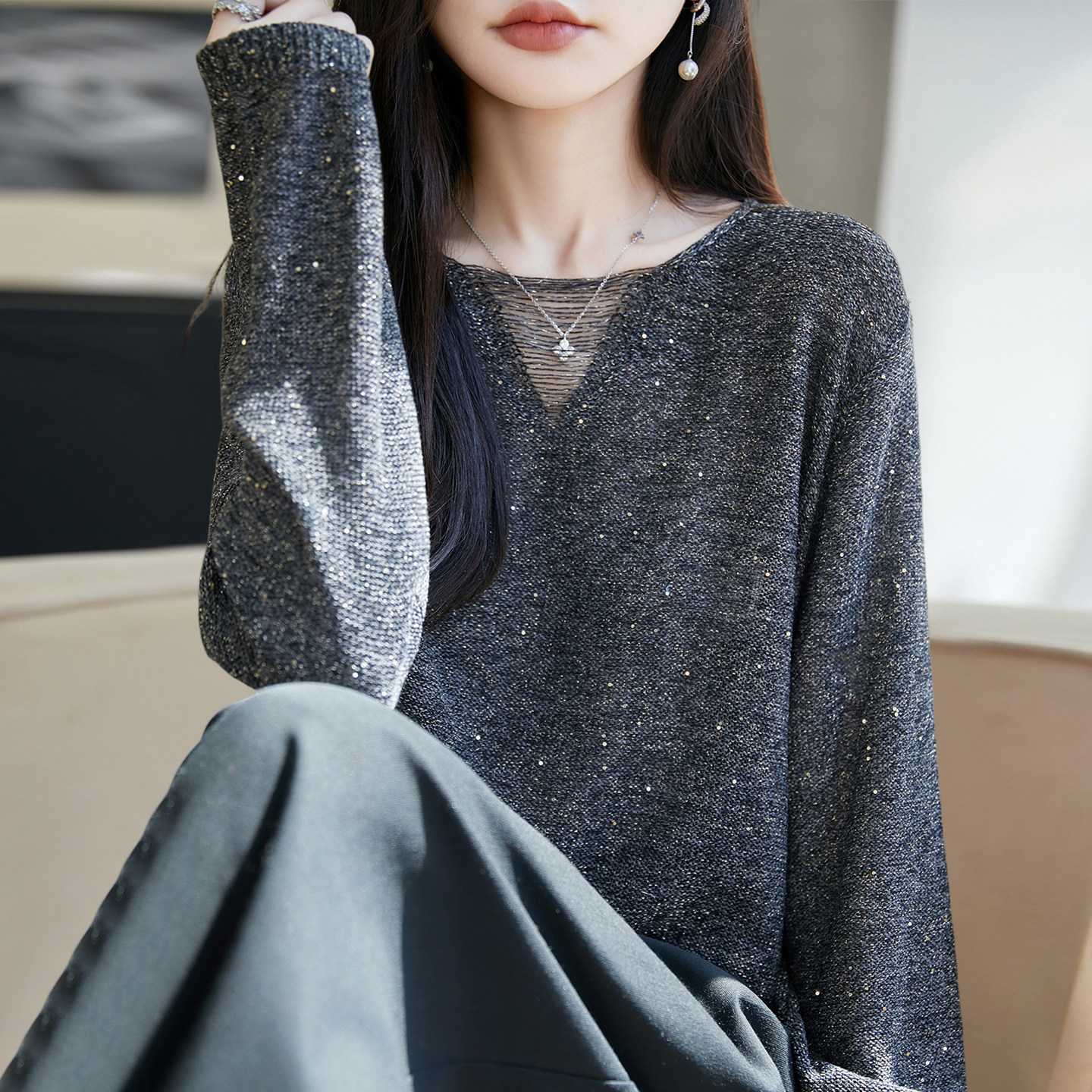 2026新款镂空秋季大码针织打底衫女洋气中老年女装上衣秋冬毛衣