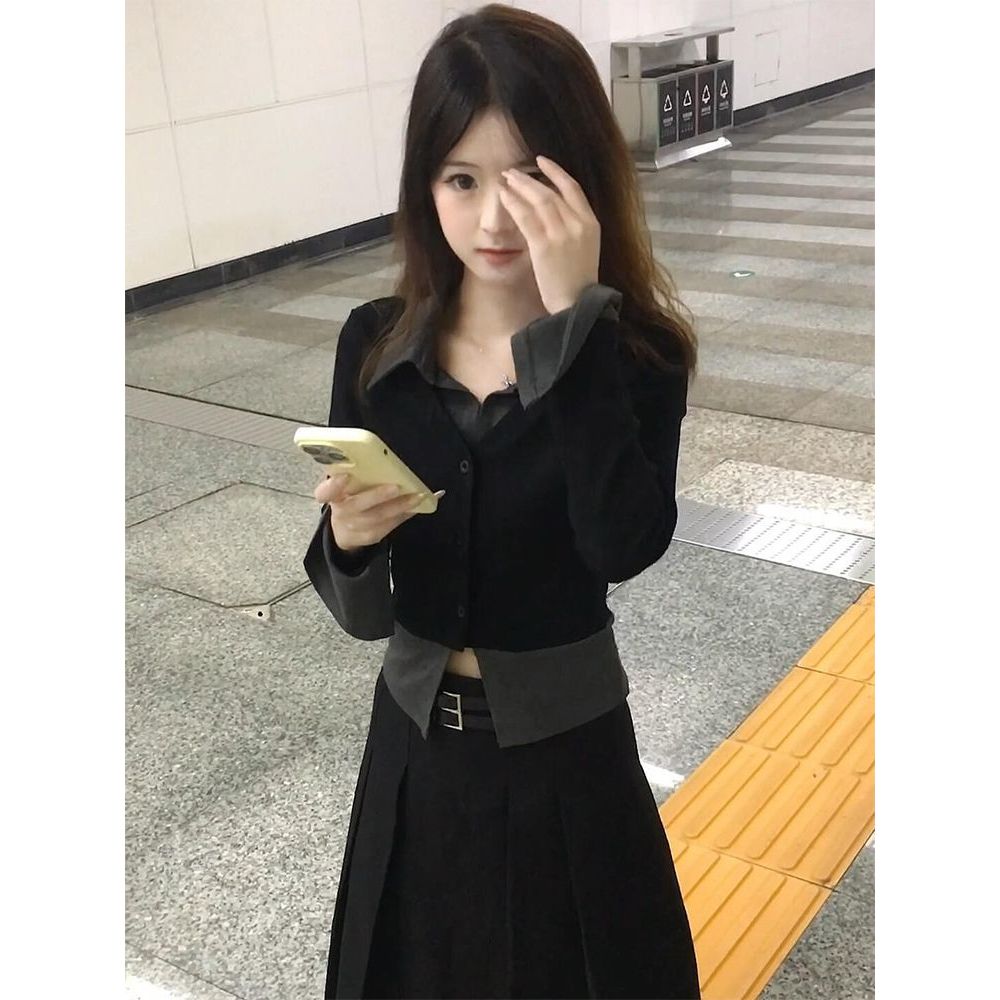 韩系通勤显瘦套装女秋季新款假两件polo领长袖收腰衬衫半裙两件套
