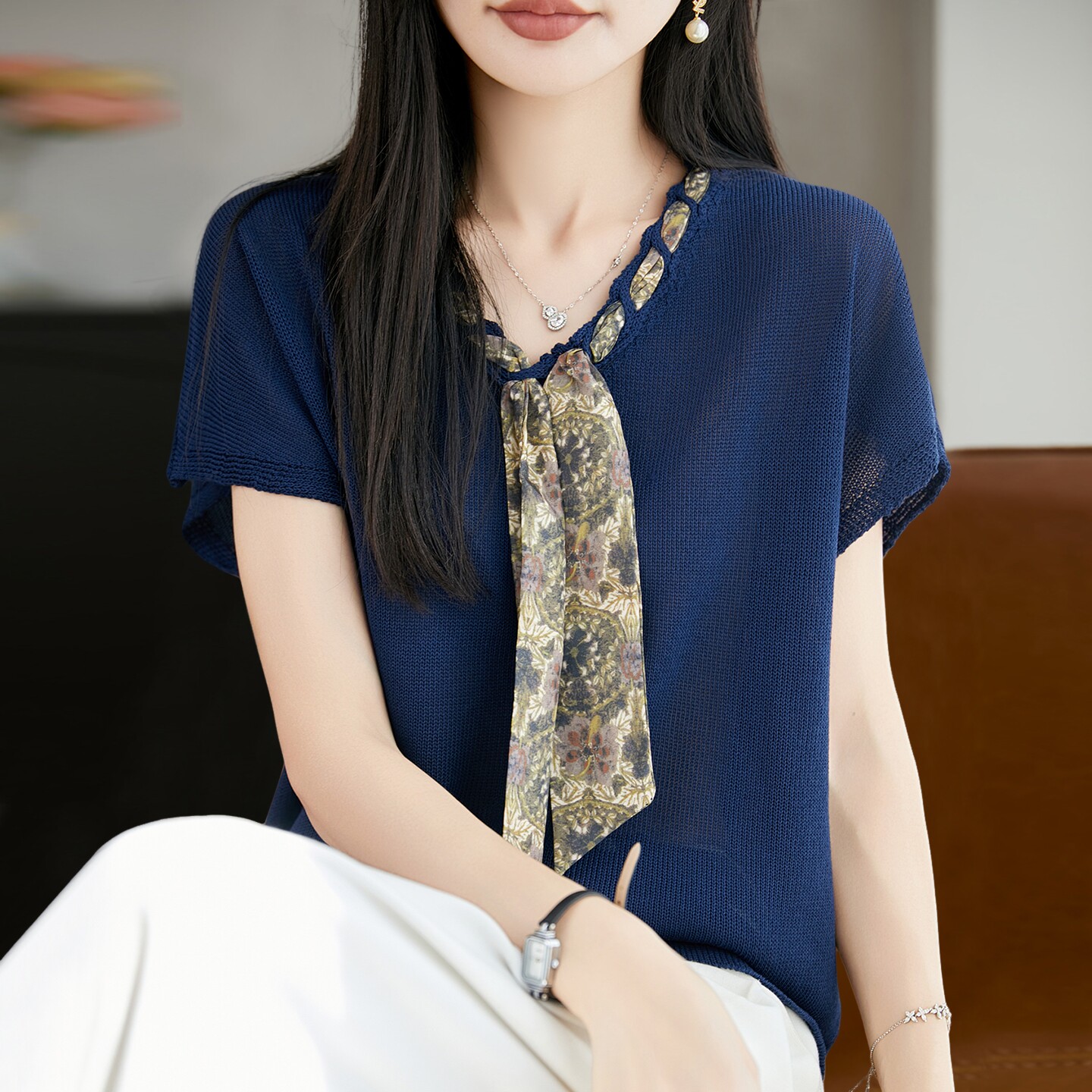2026新款镂空丝巾针织短袖t恤女夏季薄款冰丝针织衫大码女装上衣