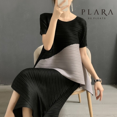 Plara 斜线拼色百褶上衣+裤子SET_PK2SSE004C