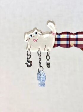 「小猫钓鱼」独特红蓝格纹亚克力猫咪发夹蓝色小鱼吊坠发饰侧边夹